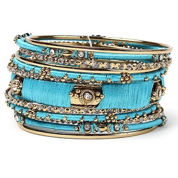 Austrian Crystal & Teal Ankara Bangle Set - Picture 1 of 1